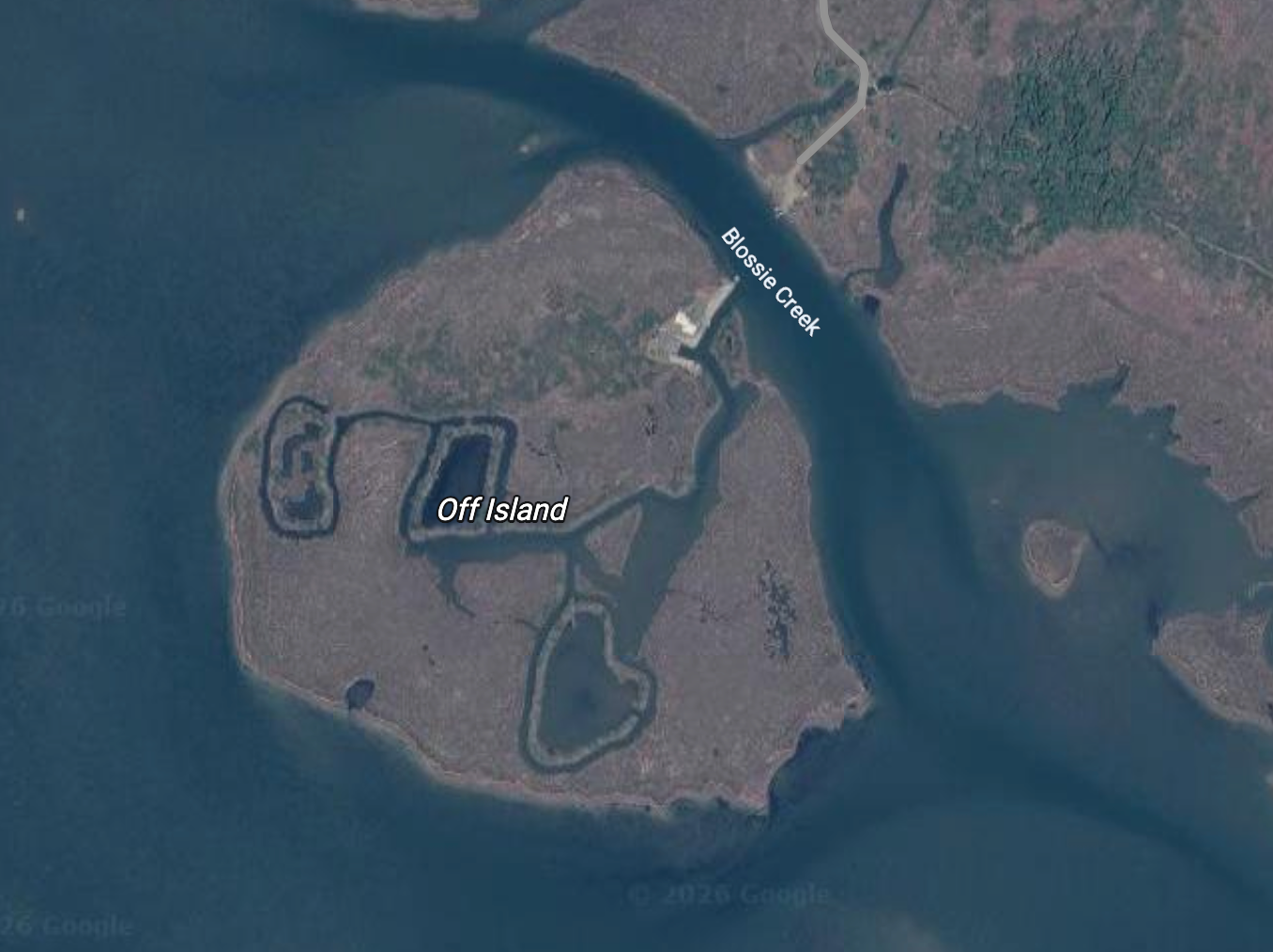 Satellite view labeled Off Island and Blossie Creek